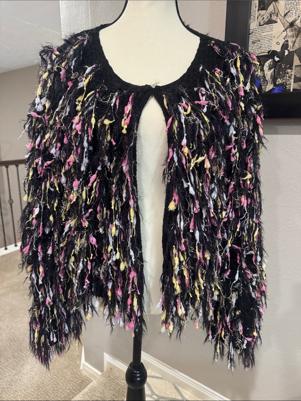 Black Multi-Color Fringe Open-Front Women's Jacket